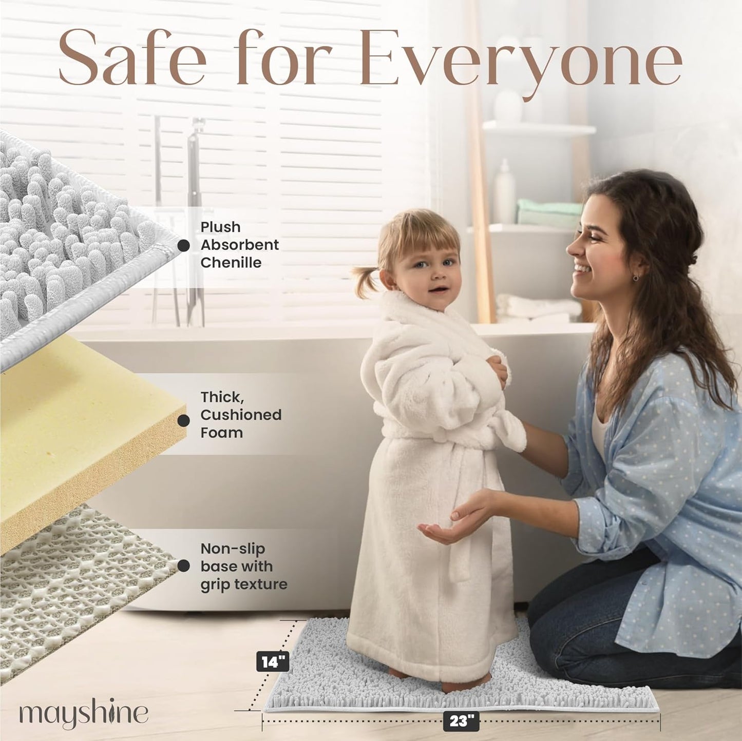 MAYSHINE Plush Shaggy Chenille Bath Mat | Extra Soft, Super Absorbent, Non-Slip Bathroom Rug | Fluffy Microfiber, Area Rug Sets for Bathroom Floor, Kitchen, Living Room | 23"x14" | White