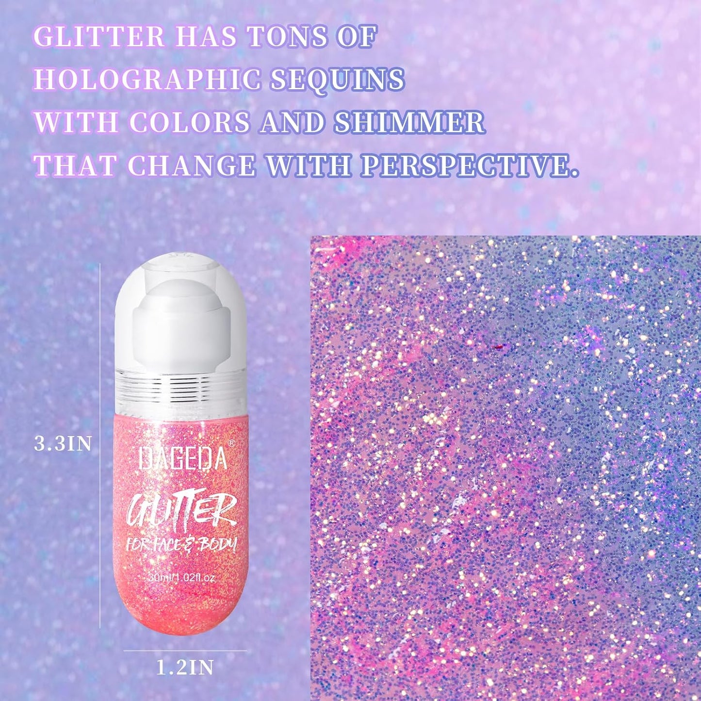 DAGEDA Body Glitter Gel, Roll-on Face Glitter for Mermaid Makeup Festival Rave Accessories, Holographic Hair Glitter Gel,Body Shimmer Halloween Makeup for Rave Party (Pink)