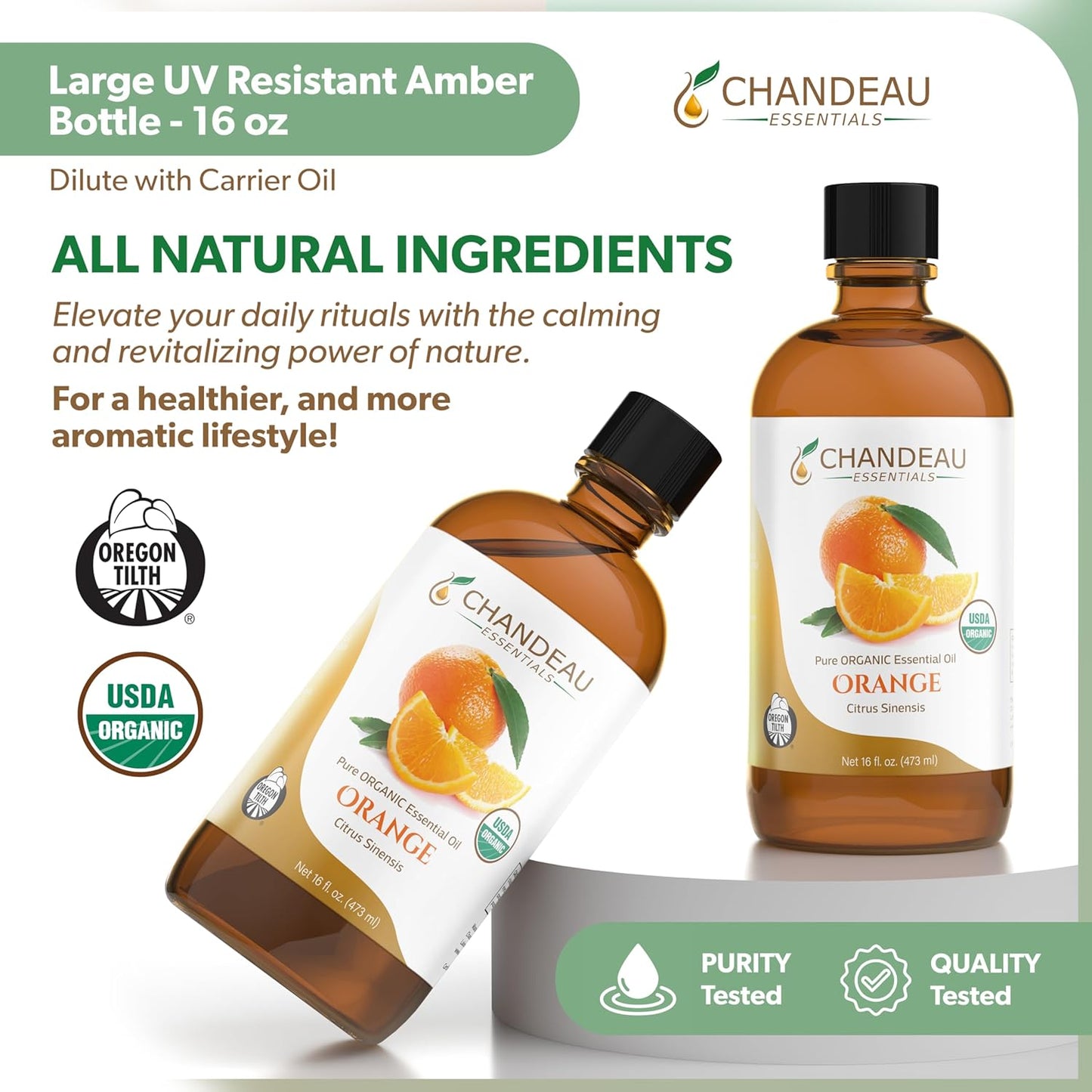 100% Pure Organic Essential Oil, Pure Orange Essential Oil for Aromatherapy, Soap Making, Candles, Laundry, Perfume, Cleaners or Diffusers - Large Amber Glass Bottle, 16 oz.