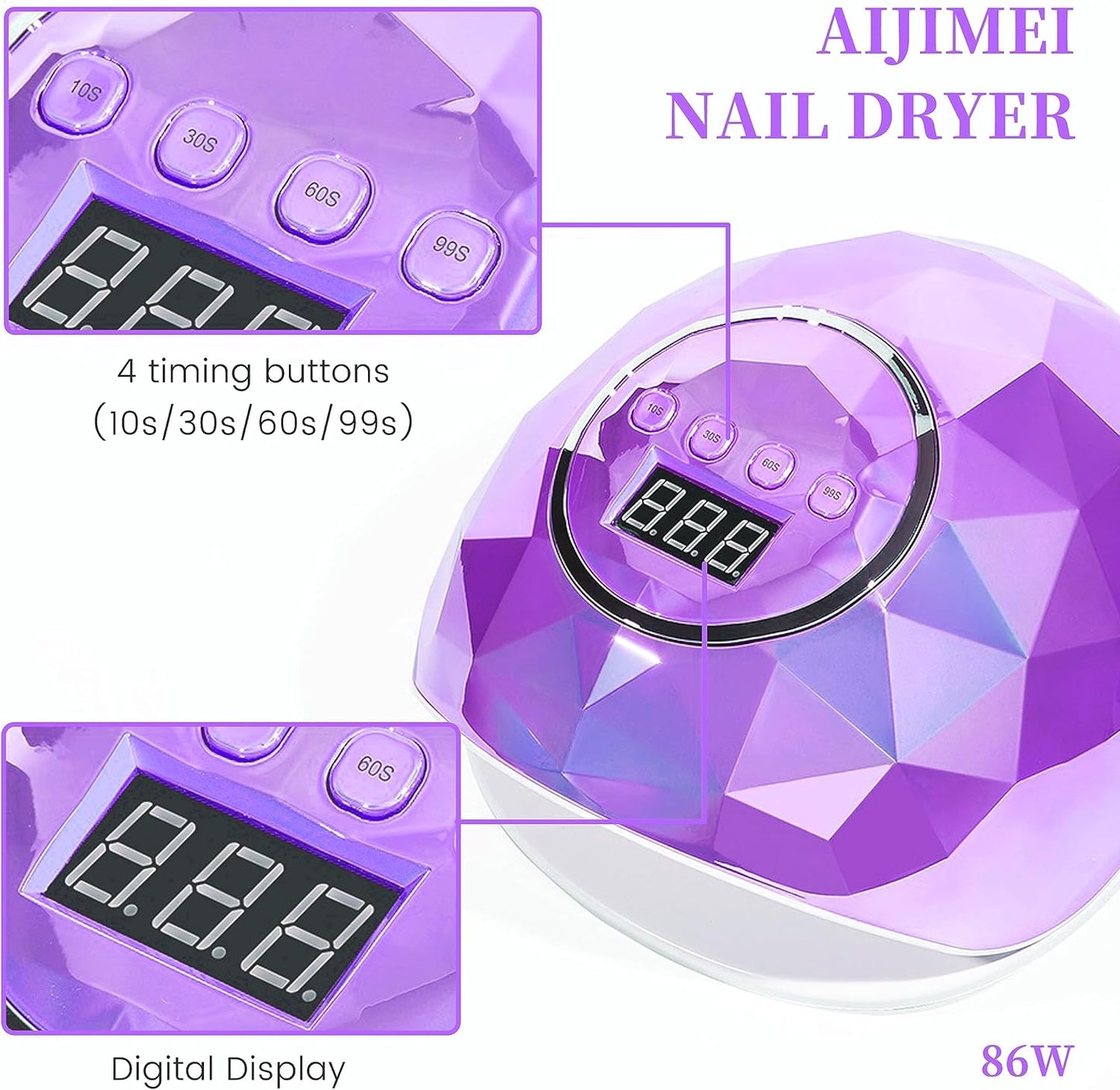 AIJIMEI Diamond Purple Nail Lamp Nail Dryer Nail Tools LED Gel Nail Lamp 86W Gel Nail Light Nail Polish Dryer for Professional and Beginner (Purple Diamond)