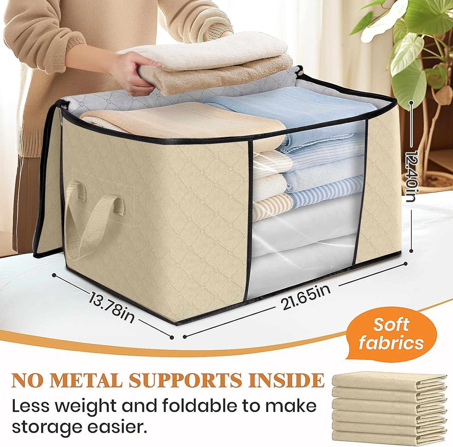Fab totes 10 Pack Clothes Storage, Foldable Thick Fabric Blanket Storage Bags, Containers for Organizing Bedroom, Closet, Clothing, Comforter, Organization with Handle,Beige