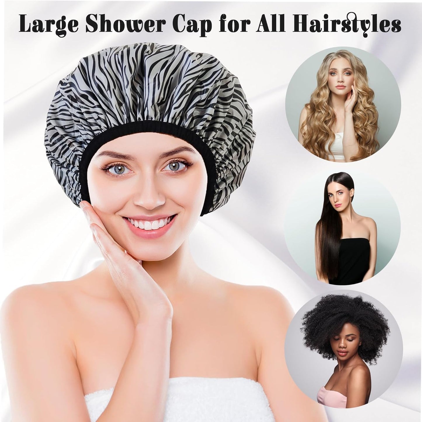 Shower Cap for Women, Shower Caps Reusable Waterproof, Large Plastic Satin Lined Shower Cap for Braids Long Hair