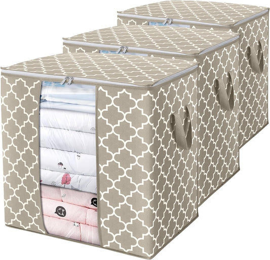 WISELIFE Storage Bags 3 Pack/100L Large Blanket Clothes Organization and Storage Containers for Comforters,Bedding, Foldable Organizer with Reinforced Handle, Clear Window, Sturdy Zippers,Beige