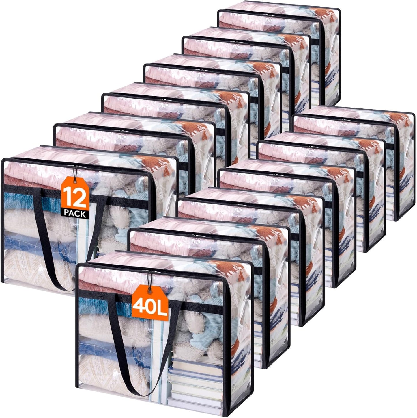 Lifewit 12 Pack Clear Clothes Storage Bags, 40L Plastic Blanket Storage Bag, Vinyl Foldable Moving Bags with Zipper, Closet Organizers and Storage Containers for Bedding, Duvet, Comforter