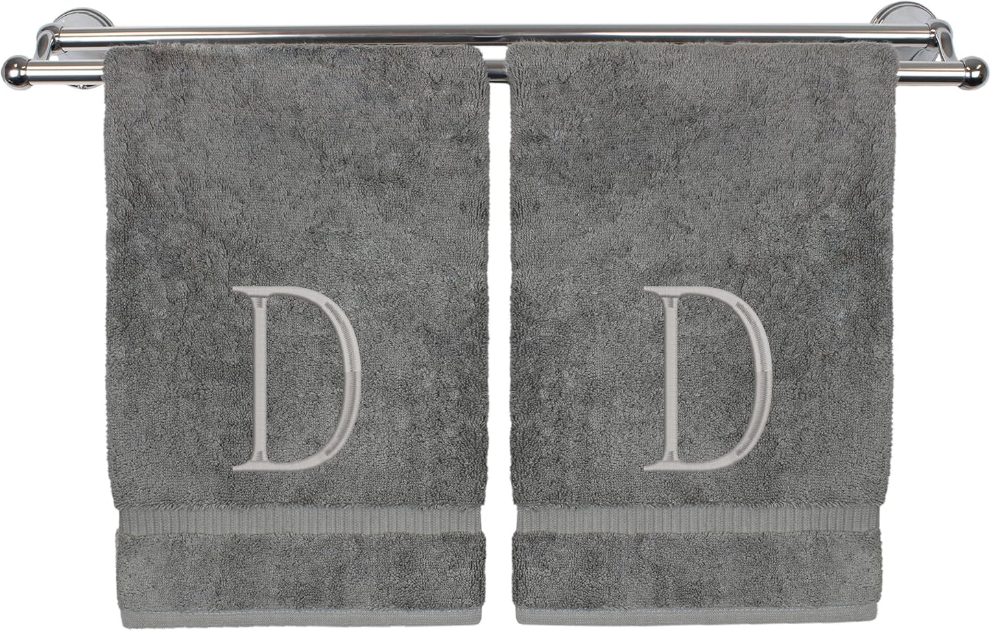 Monogrammed Hand Towel, Personalized Initial Gift, Extra Absorbent 100% Turkish Cotton - Soft Terry Finish - Set of 2 - Silver Block Initial D - Embroidered on Grey Towels