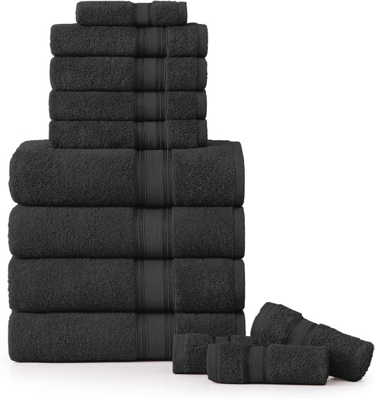 LANE LINEN Luxury Bath Towels Set - 12 Piece Set, 100% Cotton, Zero Twist, Quick Dry Shower Towel, Absorbent Towel, Super Soft, 4 Bath Towels, 4 Hand Towels, 4 Wash Cloths - Black