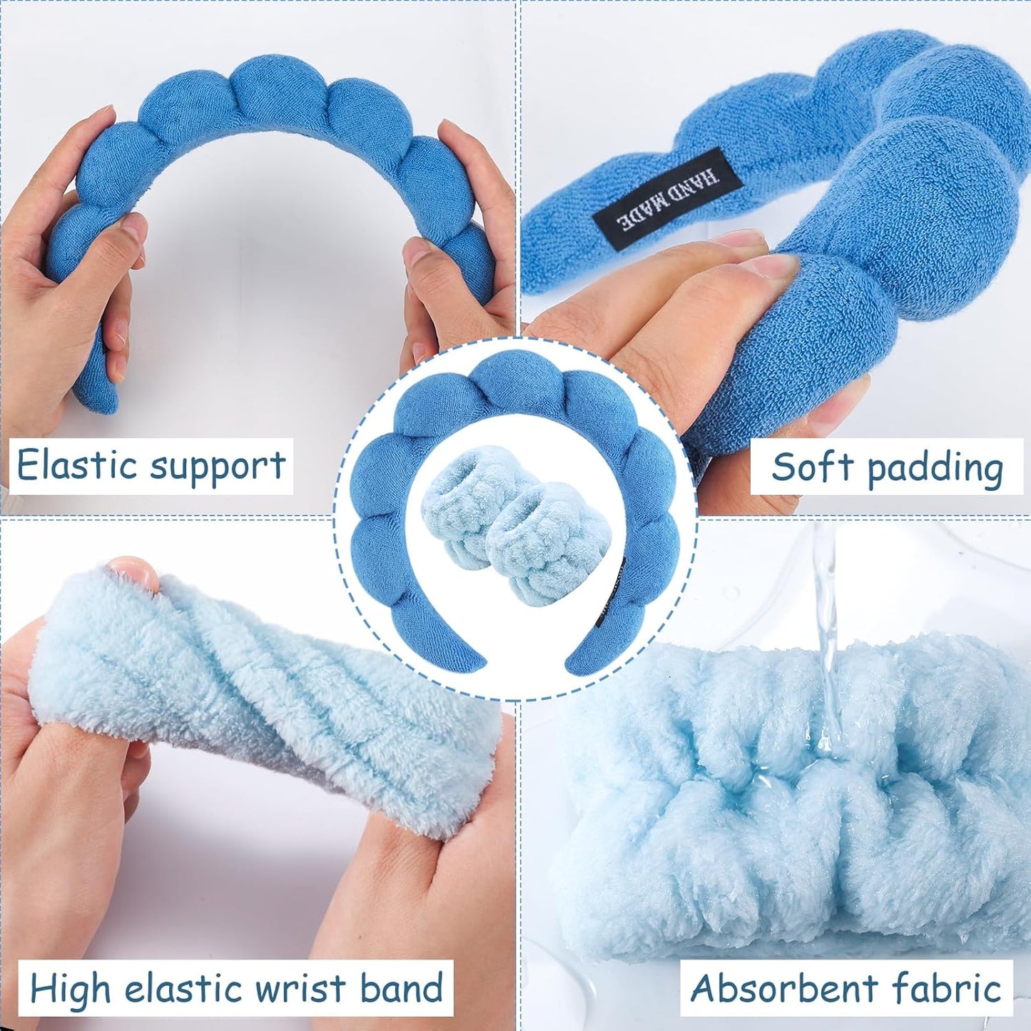Zkptops Spa Headband for Washing Face Wristband Set Sponge Makeup Skincare Terry Cloth Bubble Soft Get Ready Hairband for Women Girl Puffy Padded Headwear Non Slip Thick Hair Accessory(Dark Blue)
