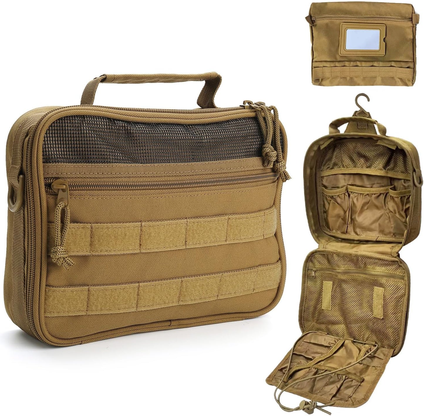 SUNRISING Tactical Toiletry Bag for Men Hanging Travel Toiletries Organizer Dopp Kit Toiletry Bags Shaving Hygiene Bag, Durable Bathroom Essentials Men's Toiletry Bag for Short Trips Camping - Khaki