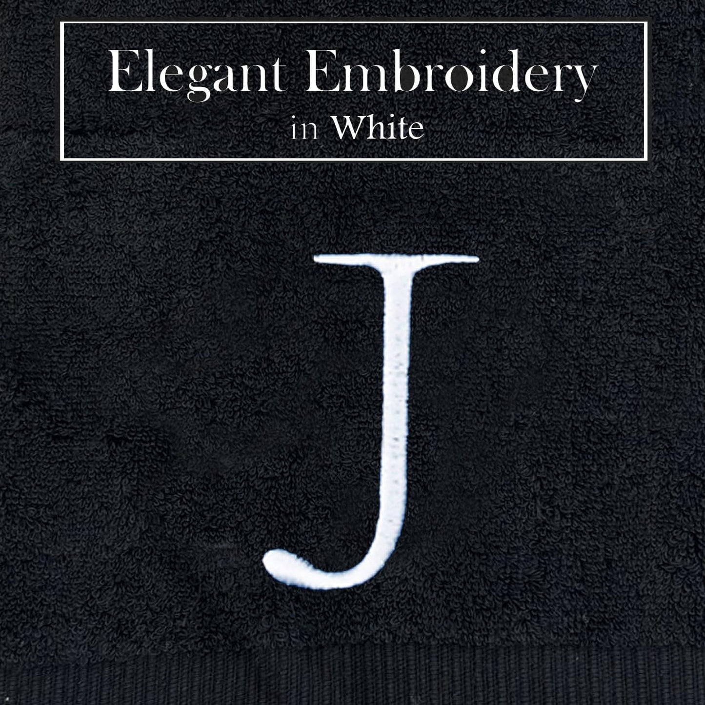 Black Letter Hand Towel for Bathroom - Monogrammed Initial Hotel Quality Decorative Embroidered Towel for Powder Room, Spa - GOTS Organic Certified - Set of 2 Letter J