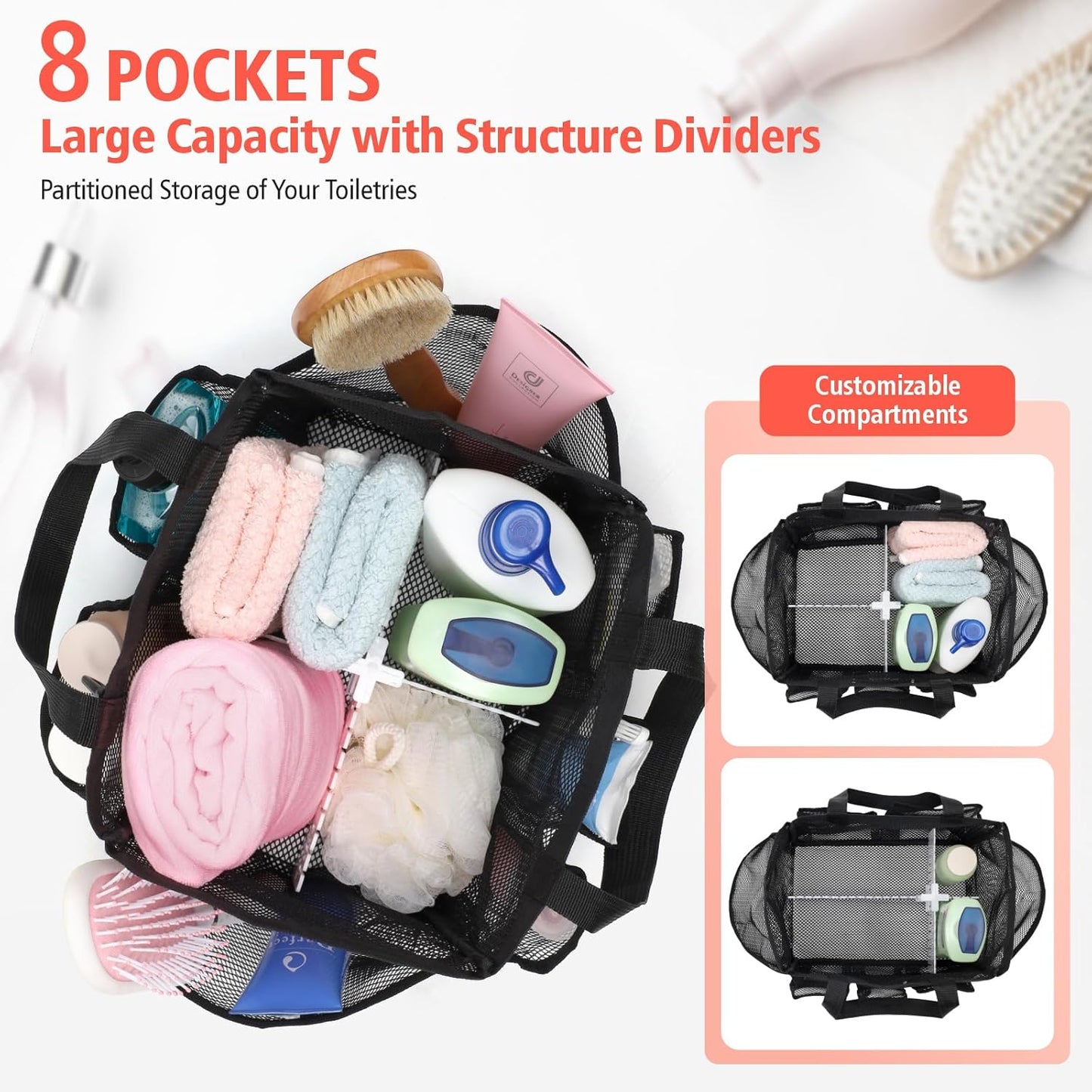 F-color Mesh Shower Caddy Portable with Dividers - Upgrade Deeper 7 Pockets Dorm Room Essentials with S Hook, Shower Bag Basket Tote for Guys Girls College Camping Toiletry Bathroom, Black