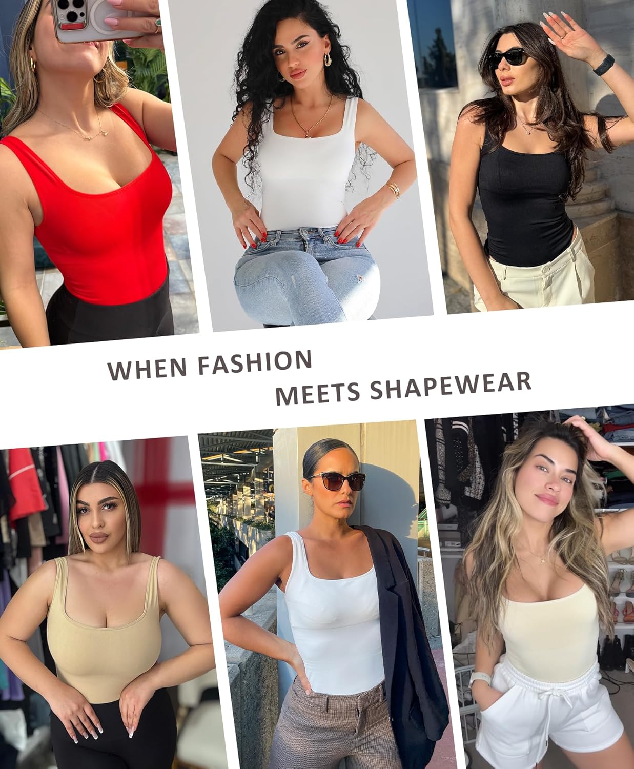 FeelinGirl Bodysuits for Women Seamless Square Neck Tummy Control Compression Thong Shapewear Bodysuit Tank Tops Bodysuit