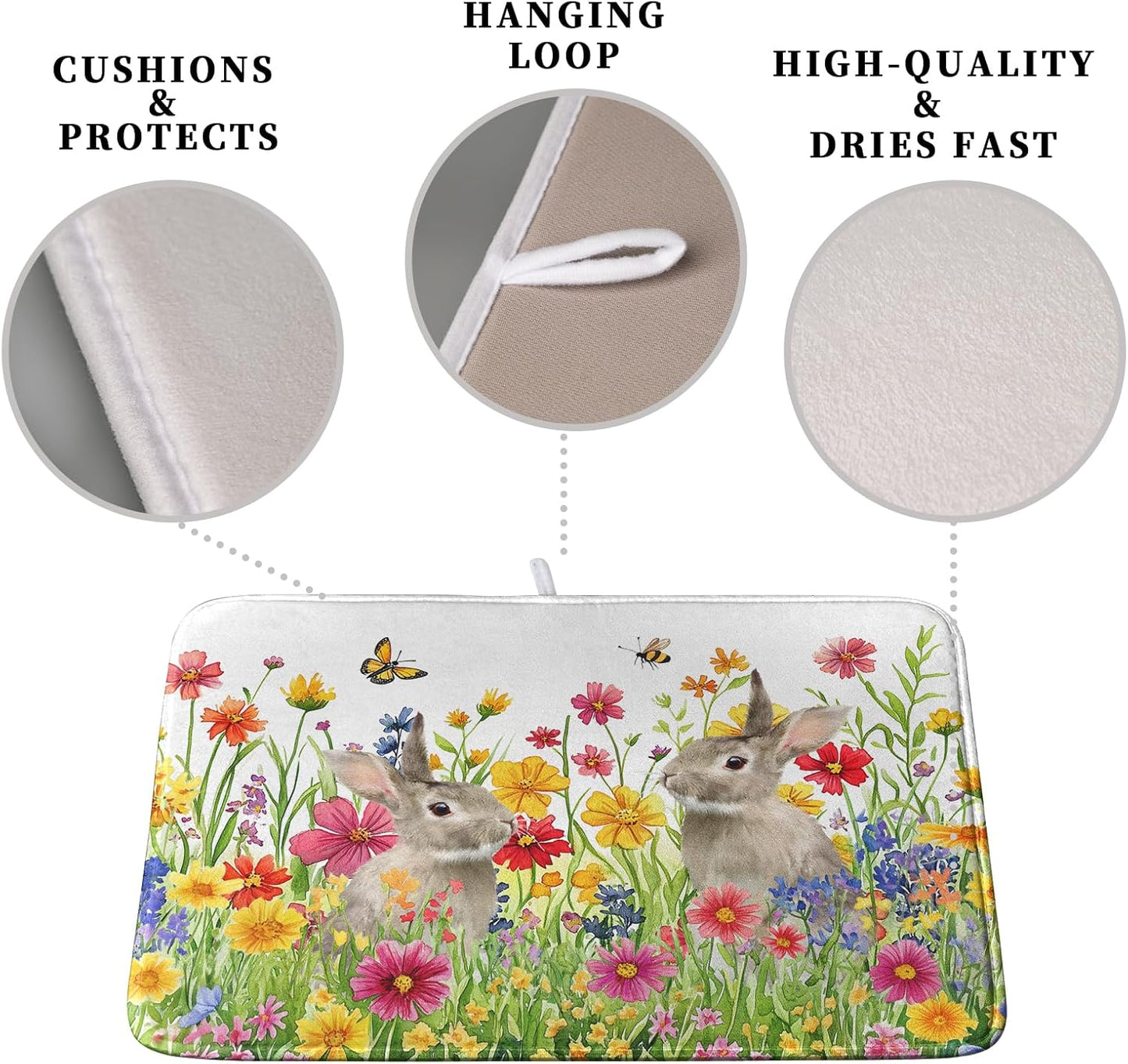 Easter Dish Drying Mat for Kitchen Counter Easter Bunny Flowers Dish Drying Pad Spring Rabbit Floral Dishes Drainer Mats Absorbent Microfiber Kitchen Countertop Protector Drying Mats 18x24 in
