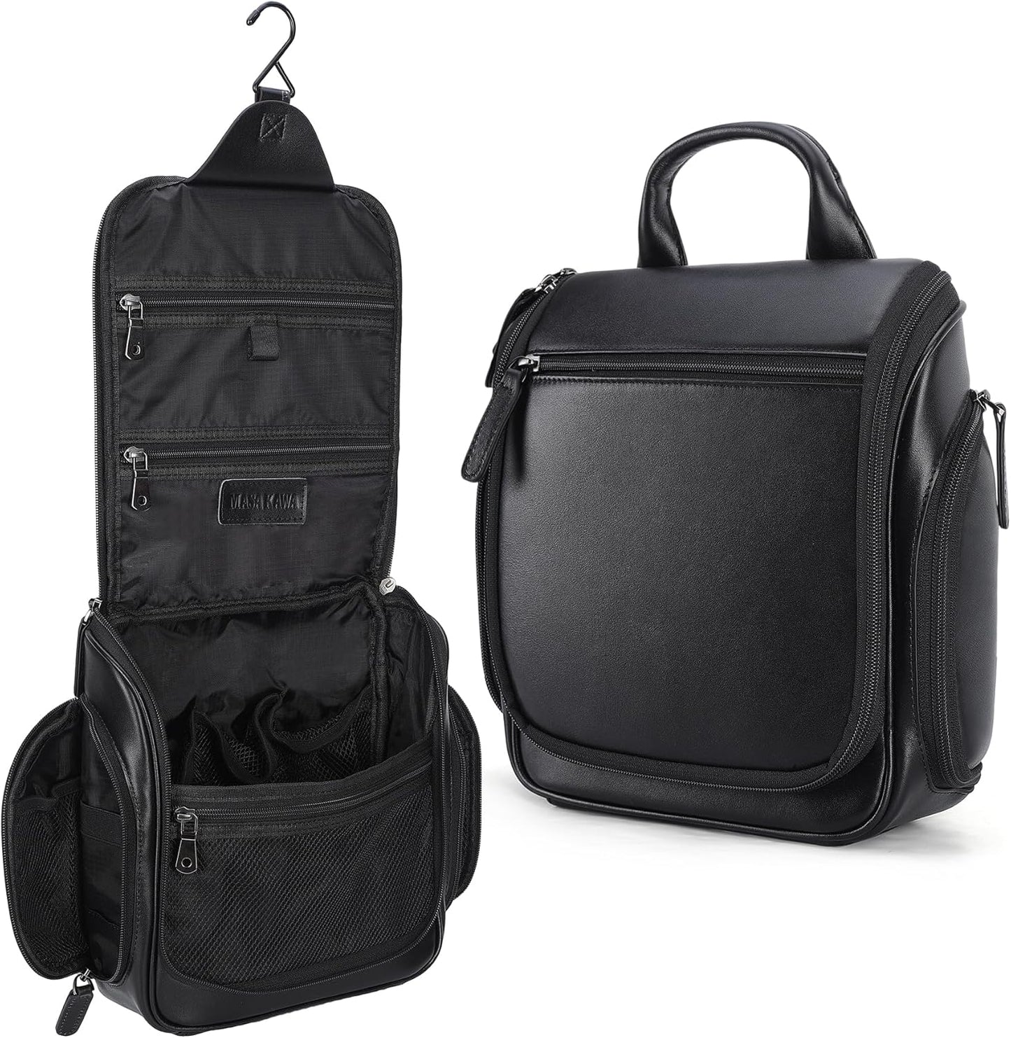 Masa Kawa Leather Hanging Travel Toiletry Bag for Men Portable Expandable Camping Cosmetics Makeup Toiletries Organizer Waterproof Bathroom Shaving Kit Black Wash Bags