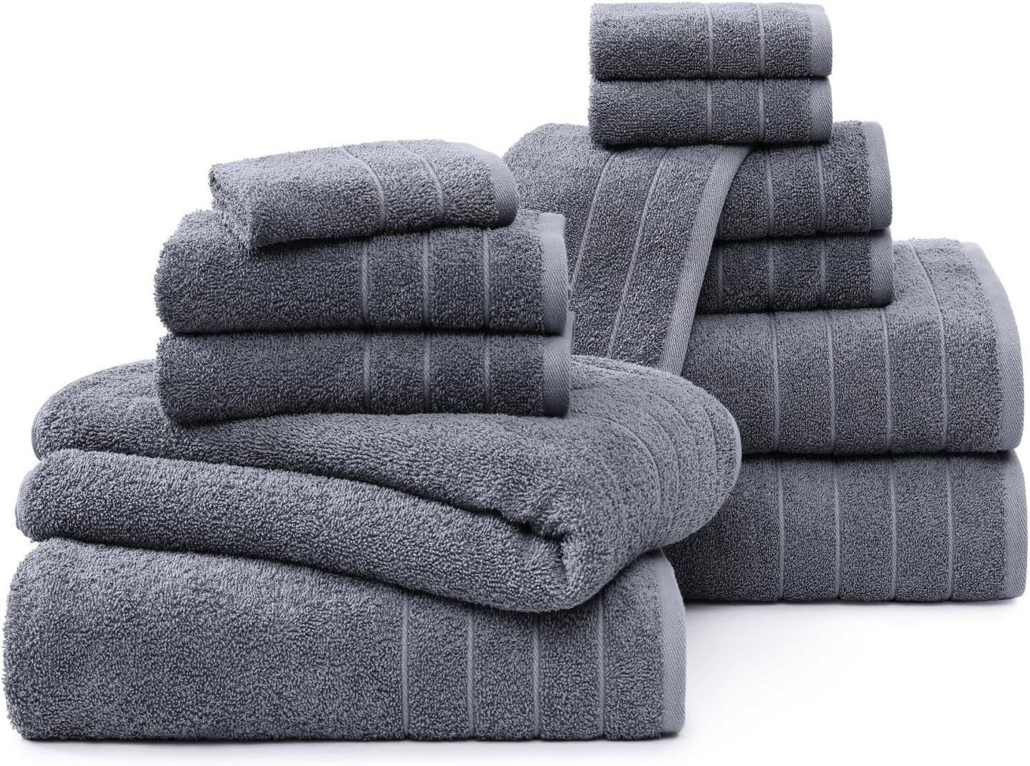 Casa Platino 100% Cotton Luxury Bathroom Towel Set - 12 Pc - Ring Spun, Quick Dry, Soft & Highly Absorbent - 4 Bath, 4 Washcloths, 4 Hand Towels - Remains Plush After Multiple Washes - Cool Grey