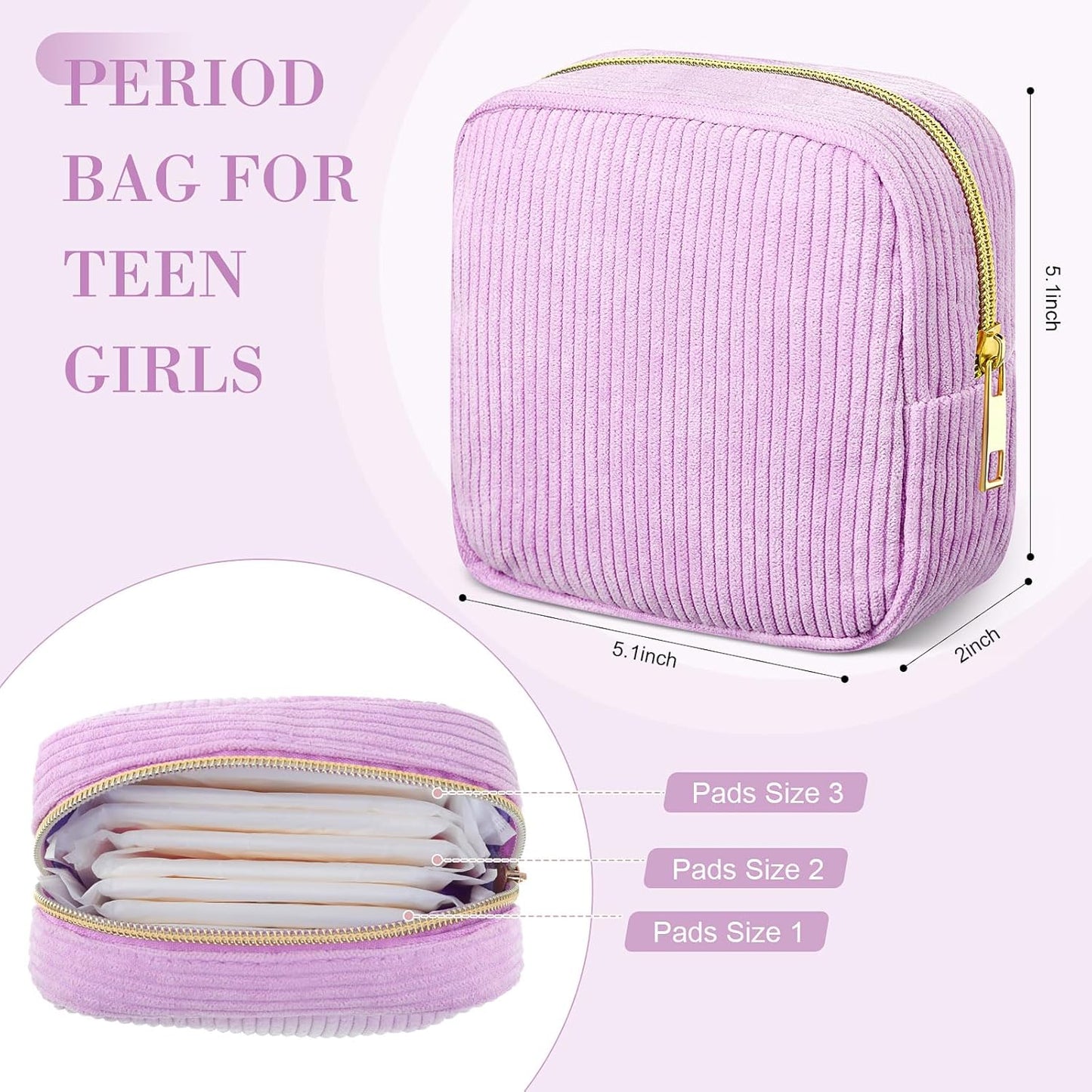 4 Pcs Sanitary Napkin Storage Bag Corduroy Period Bag for School Teen Mini Makeup Preppy Cosmetic Wallet Set for Women Portable First Period Cute Pad Pouch with Zipper (Purple Grey Series)