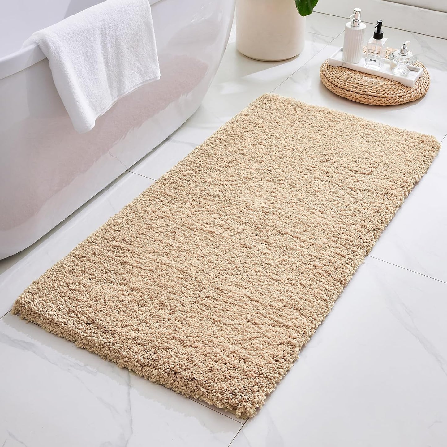 ILANGO Beige Bathroom Rugs 48" × 24" Non Slip & Super Absorbent Extra Thick Soft, Washable Bath Mat for Floor, Microfiber Plush Shaggy Bath Rug with Rubber for Bathtub Shower Room Sink