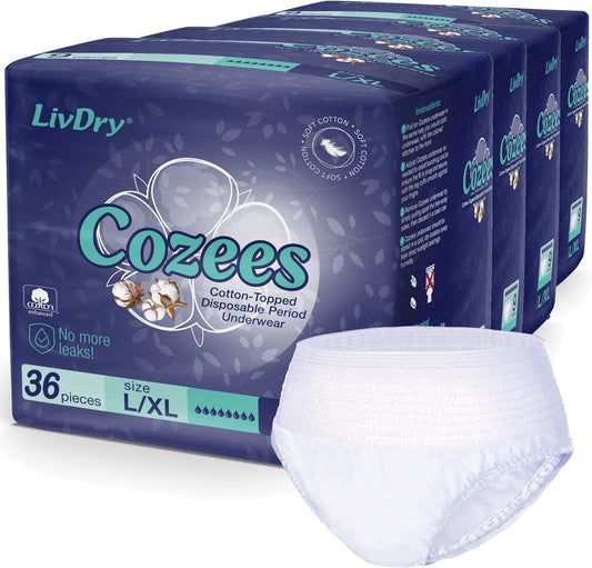 Cozees Disposable Period Underwear for Women, Menstrual and Postpartum High Absorbency, Cotton Covered Comfort, Made in USA (36 Count, Large/X-Large)