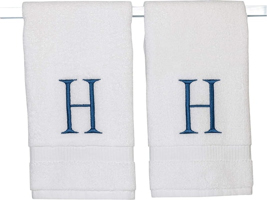 Monogrammed Hand Towels for Bathroom - Luxury Hotel Quality Personalized Initial Decorative Embroidered Bath Towel for Powder Room, Spa - GOTS Organic Certified - Set of 2 Navy Letter H
