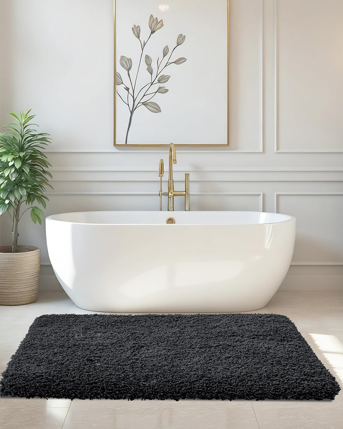 ILANGO Black Bathroom Rugs 70" × 24" Non Slip & Super Absorbent Thick Soft, Washable Bath Carpet Runner for Floor, Microfiber Plush Shaggy Bath Mats with Rubber for Bedroom Bathtub Shower Room
