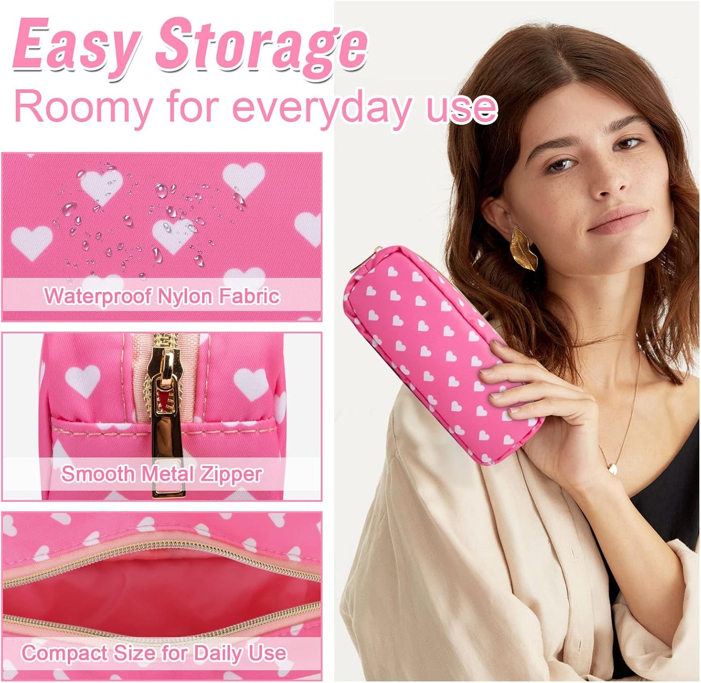 Nylon Slim Makeup Bag, Pink Heart Makeup Brush Case, Preppy Cosmetic Zipper Pouch for Purse, Travel Toiletry Bag Clutch Coin Pouch Makeup Organizer for Women Girls