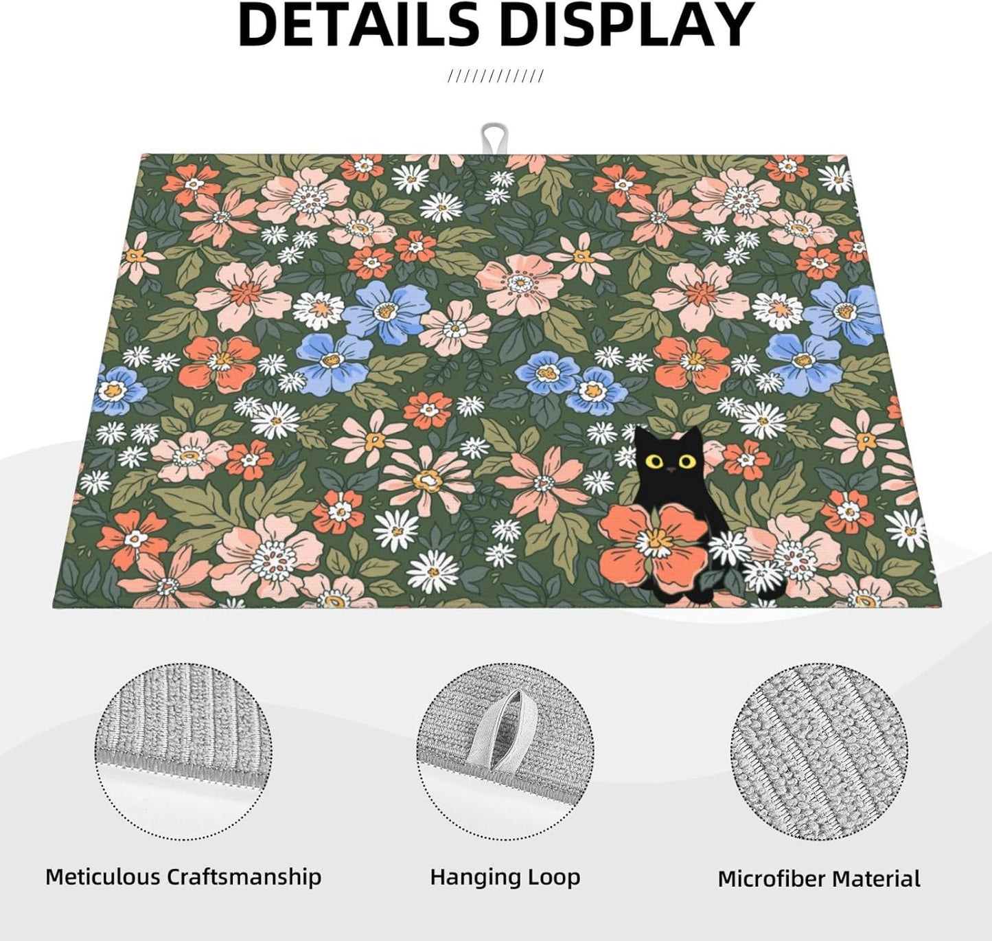 Black Cat Floral Dish Drying Mat For Kitchen Counter Absorbent Large Kitchen Fast Dry Pad Reusable Washable Protector Rack Large Mat 18 X 24