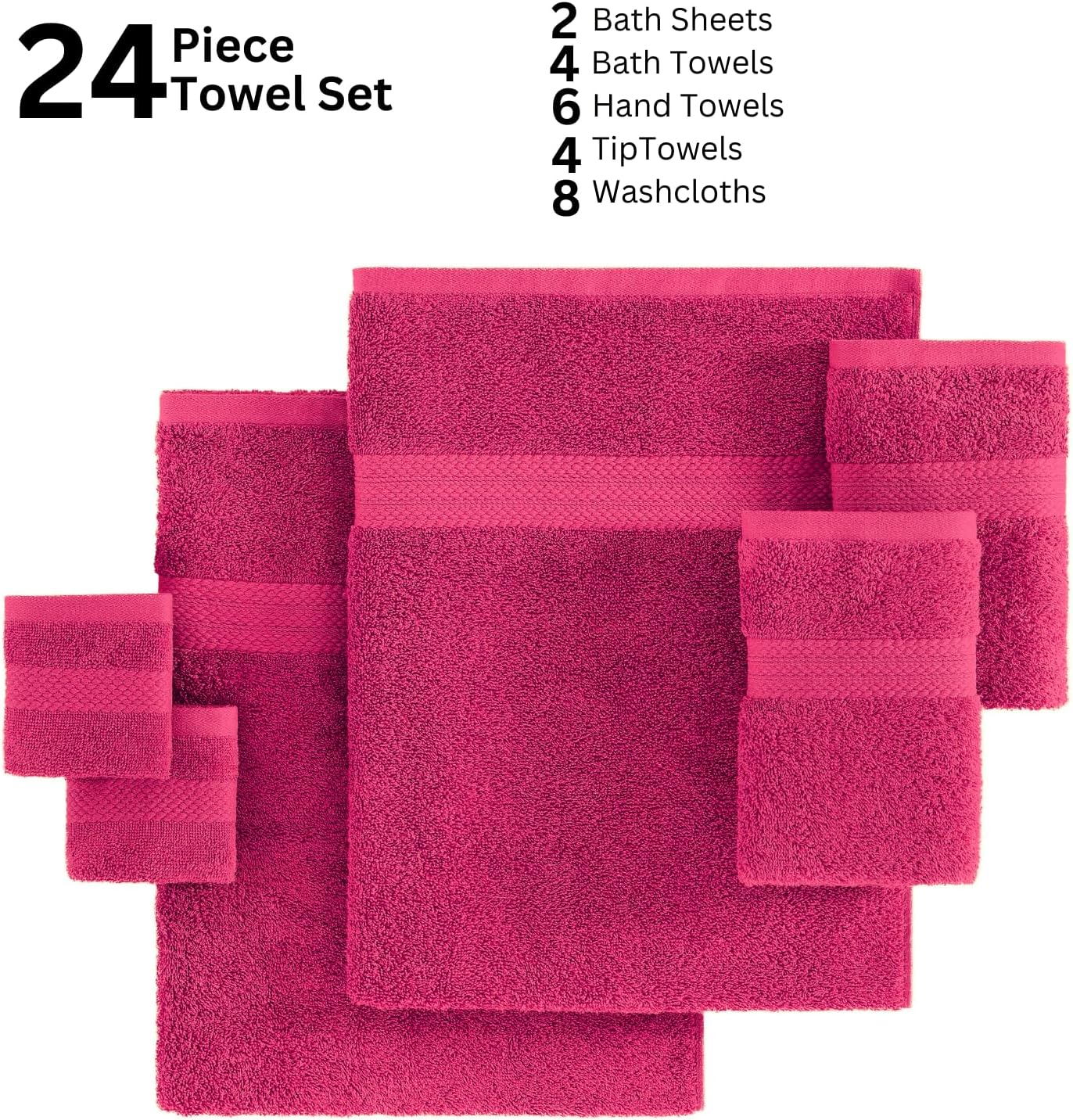 LANE LINEN 100% Cotton Bathroom Towel Set - 24 Pcs - Ring Spun, Super Soft & Highly Absorbent - 2 Bath Sheets, 4 Fingertip, 4 Bath, 6 Hand Towels, 8 Washcloths - Wide Variety of Colours - Fuchsia