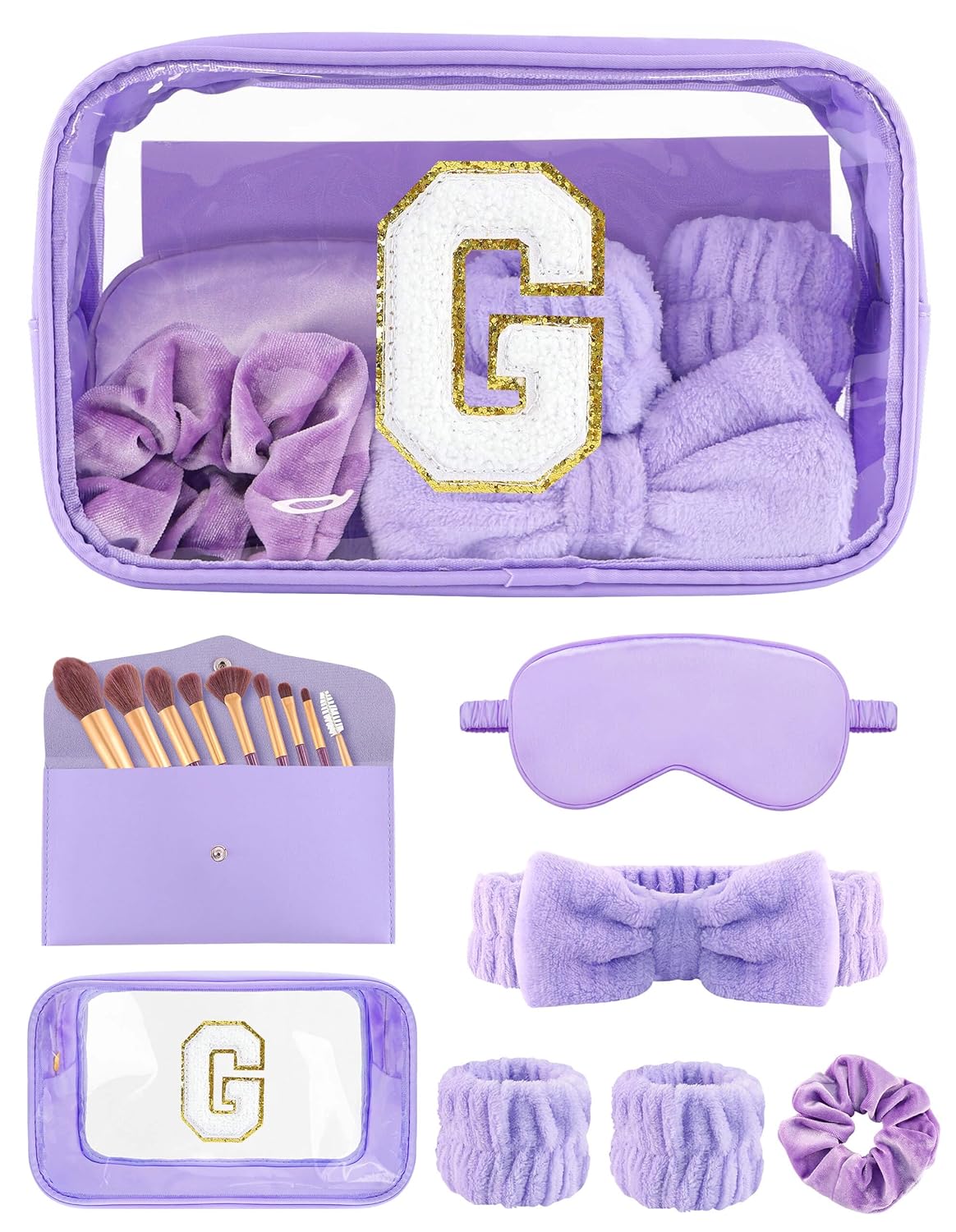 Gift Sets for Women, Initial Makeup Bag with Makeup Brush Set Bachelorette Party Favors, Purple Spa Kit with Skincare Headbands Wrist Bands Sleepover Party Supplies Gifts for Teen Girls Bridesmaid G
