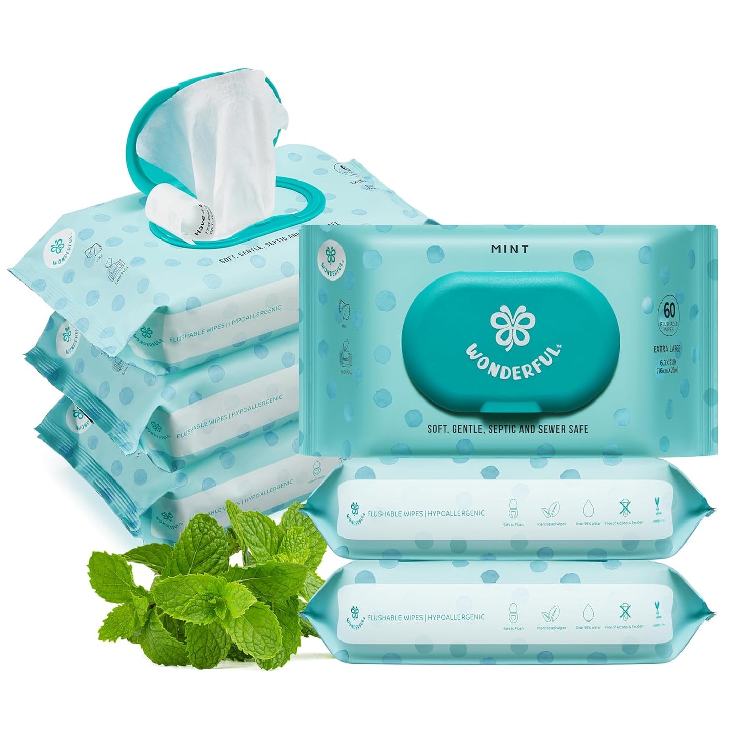 WONDERFUL Flushable Wipes, Mint 100% Plant-Based Wet Butt Wipe for Adults & Kids, Sewer Septic Safe, Gentle for Sensitive Skin, Wipes Flushable Pack for Bathroom & Travel, 6-Pack (360 Counts)