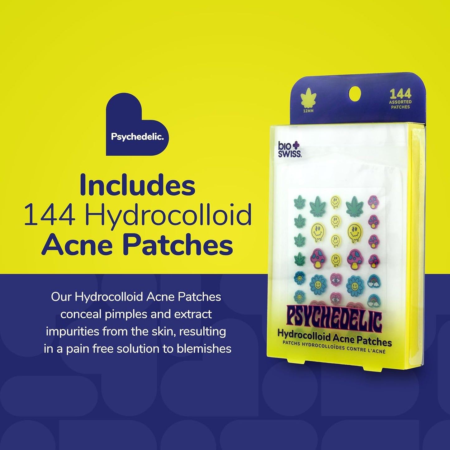 BioSwiss Psychedelic Pimple Patches, Hydrocolloid Acne Patch for Zits and Blemishes, Face and Skin Stickers, 144 Count