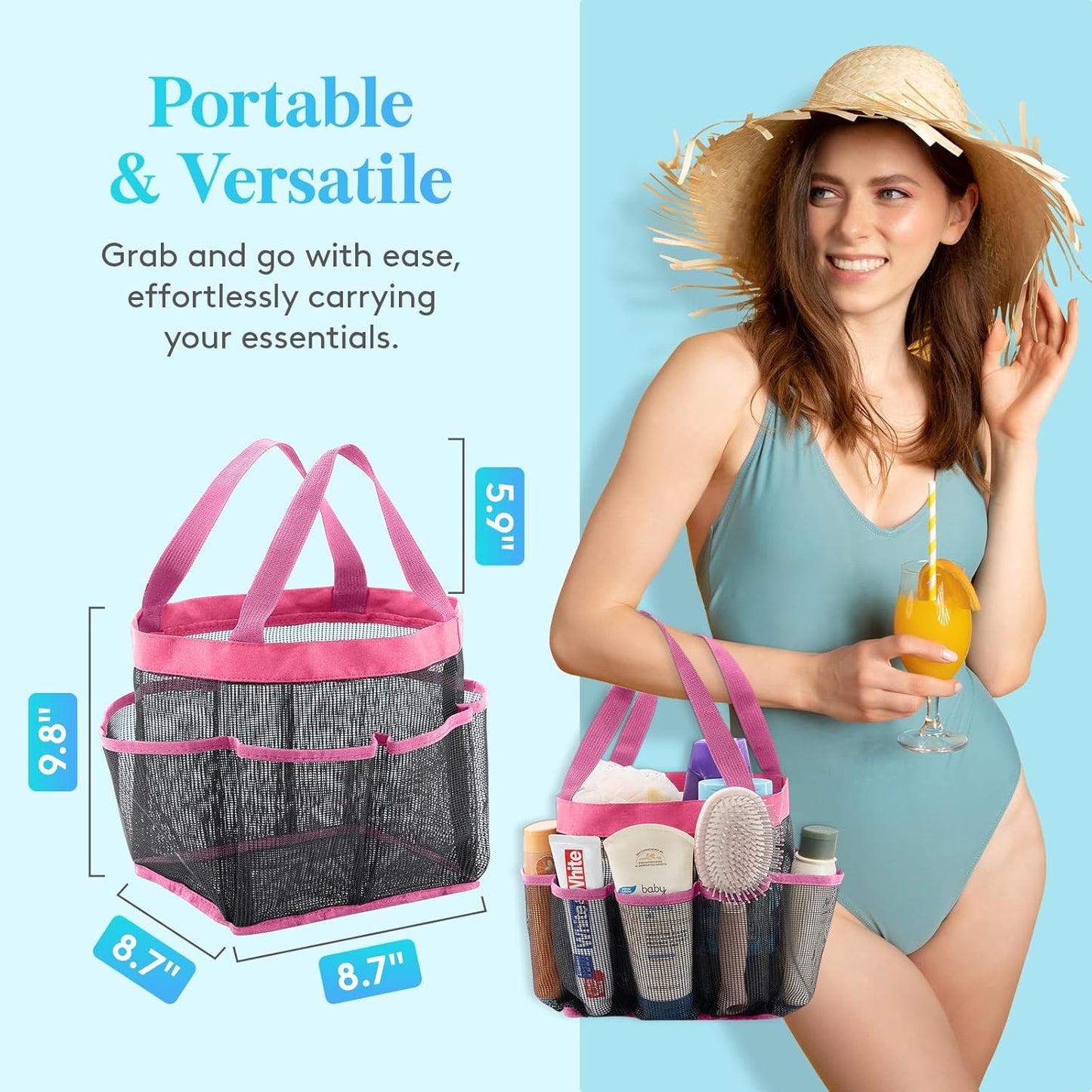 Lifewit Mesh Shower Caddy Freestanding Portable Shower Tote Bag for College Dorm, Bathroom, Gym, Travel, Quick Dry Hanging Shower Organizer with 7 Storage Pockets for Toiletry Essentials, Pink