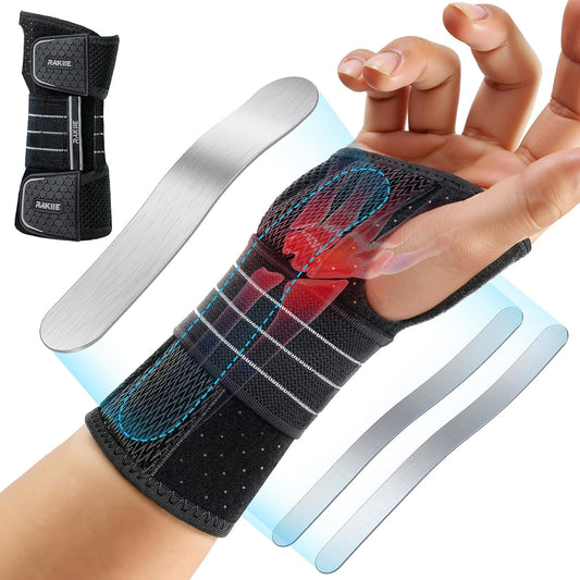 Carpal Tunnel Wrist Brace, Adjustable Night Wrist Support with 3 Metal Splints, Hand Brace for Men Women No Pressure on Thumb, Splint Stabilizer for Work, Gray Right Hand, Size L