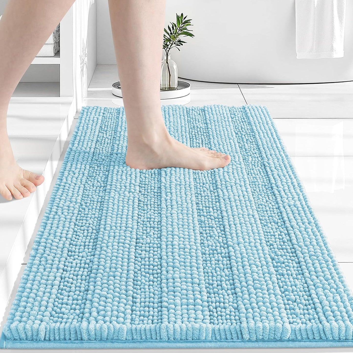 Grandaily Chenille Striped Bathroom Rugs 30x20, Extra Thick and Absorbent Bath Mats, Non-Slip Soft Plush Shaggy Shower Carpet, Machine Wash Dry, Bath Rug for Bathroom, (Medium, Blue)