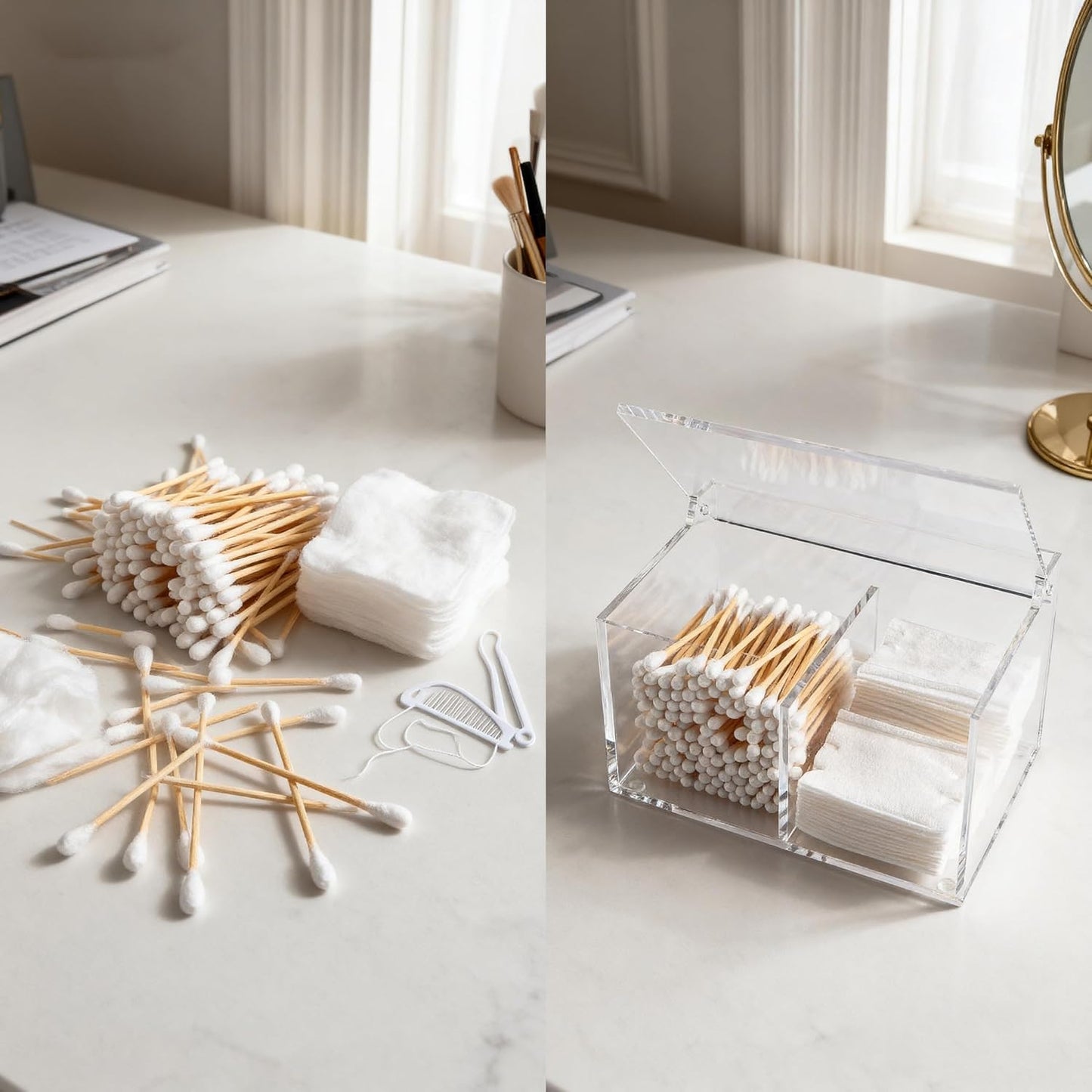 Clear Acrylic Cotton Swab Ball Holder Qtip Organizer with Lid 2-Grid Canister for Make Up Pads, Floss Picks, Vanity Storage,Bath Salts, Cosmetics, Home Bathroom Decor (DP004)