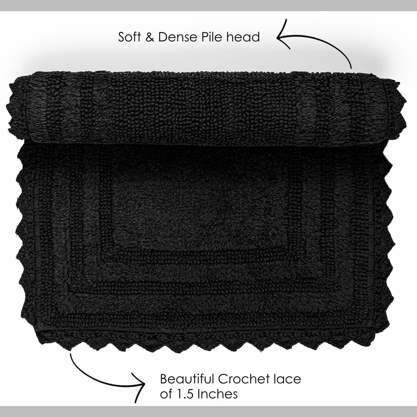 RAJRANG Black Cotton Bath Mat | 24 Inch Square Reversible Rug with Crochet Pattern for Bathroom, Spa, or Kitchen | Soft, Absorbent, Woven Boho Washable Floor Mat