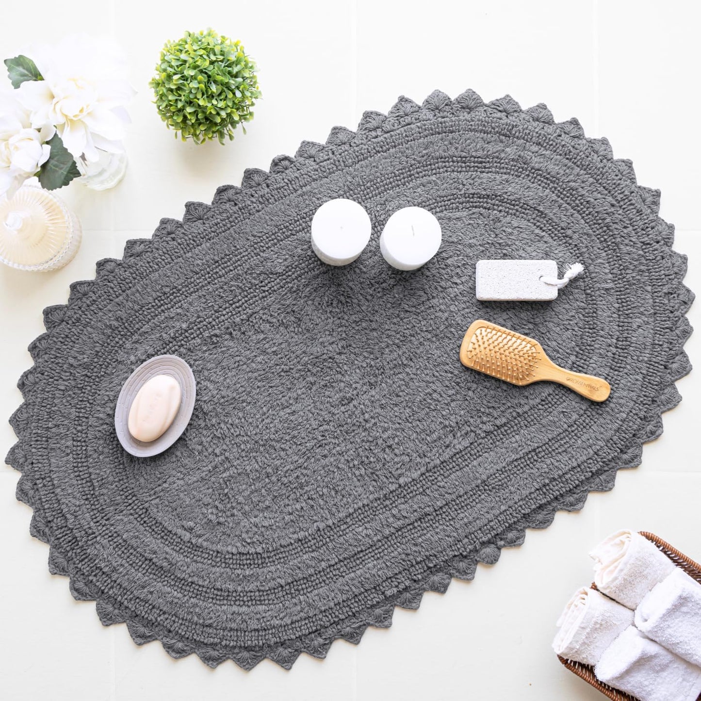 RAJRANG Grey Oval Crochet Bath Rug | 24x17 Inches Cotton Reversible Mat for Bathroom, Kitchen or Spa | Soft, Absorbent, Boho-Inspired Home Accent