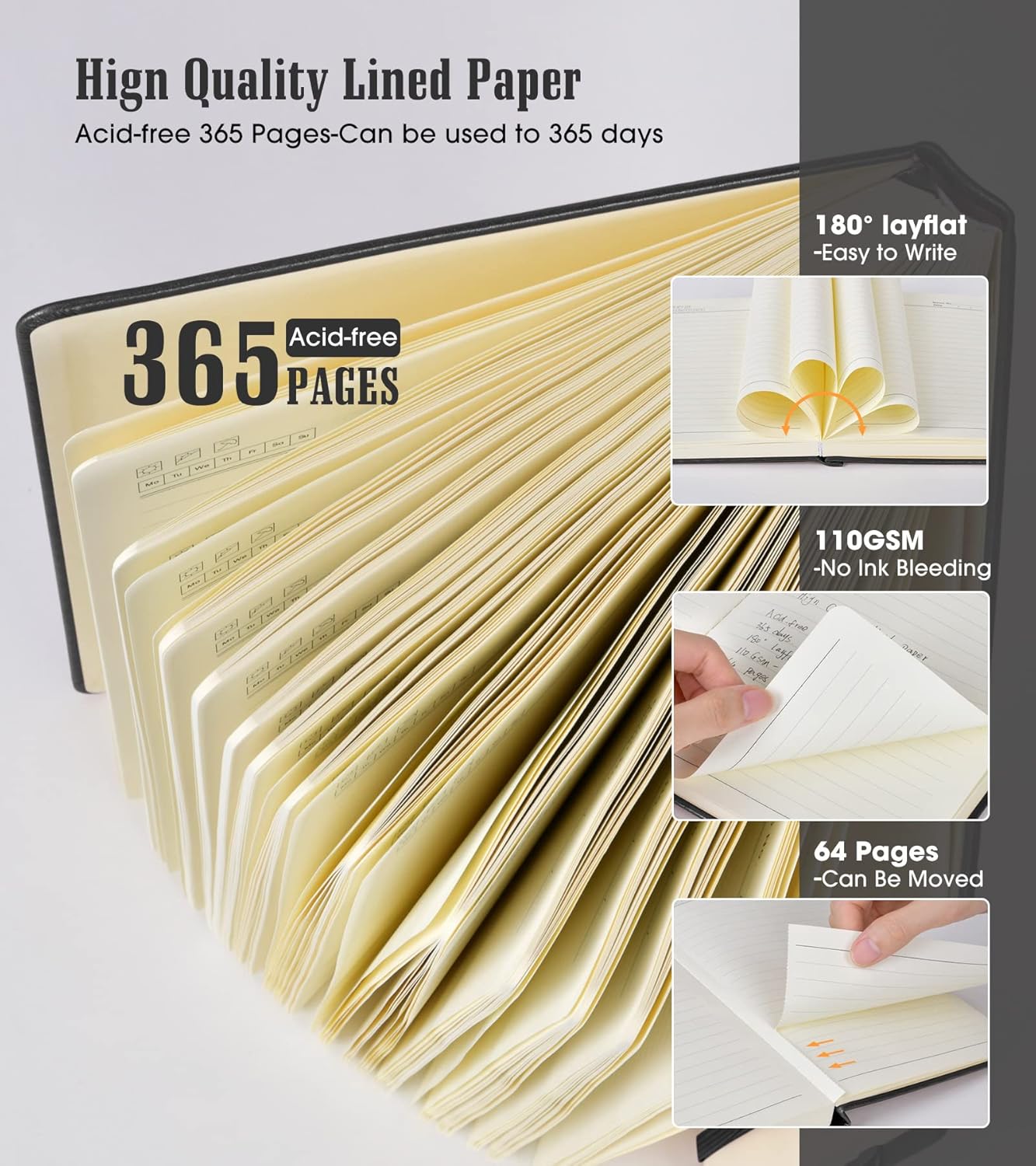 Lined Journal Notebook, 365 Pages B5 Large Journals for Writing Ruled Notebook, Hardcover Leather Journal for Women Men, Daily Notebook for Work, Note Taking, 100Gsm Thick Paper ( 7.6'' X 10'' Black)