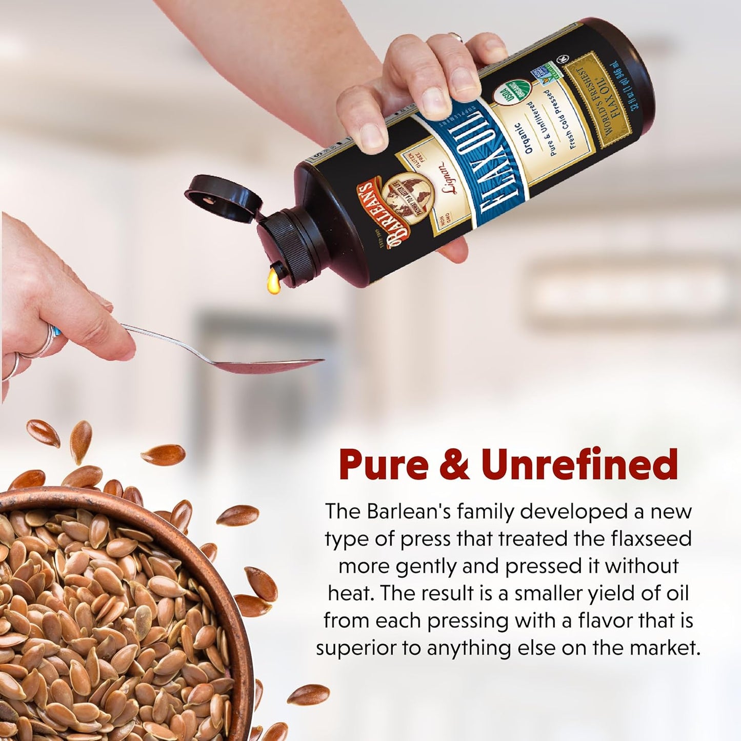 Barlean's Organic Lignan Omega 3 Flaxseed Oil Liquid Supplement for Men and Women, Cold Press Flax Seeds, 7230mg ALA Fatty Acid, Vegan and Gluten Free, 32 oz