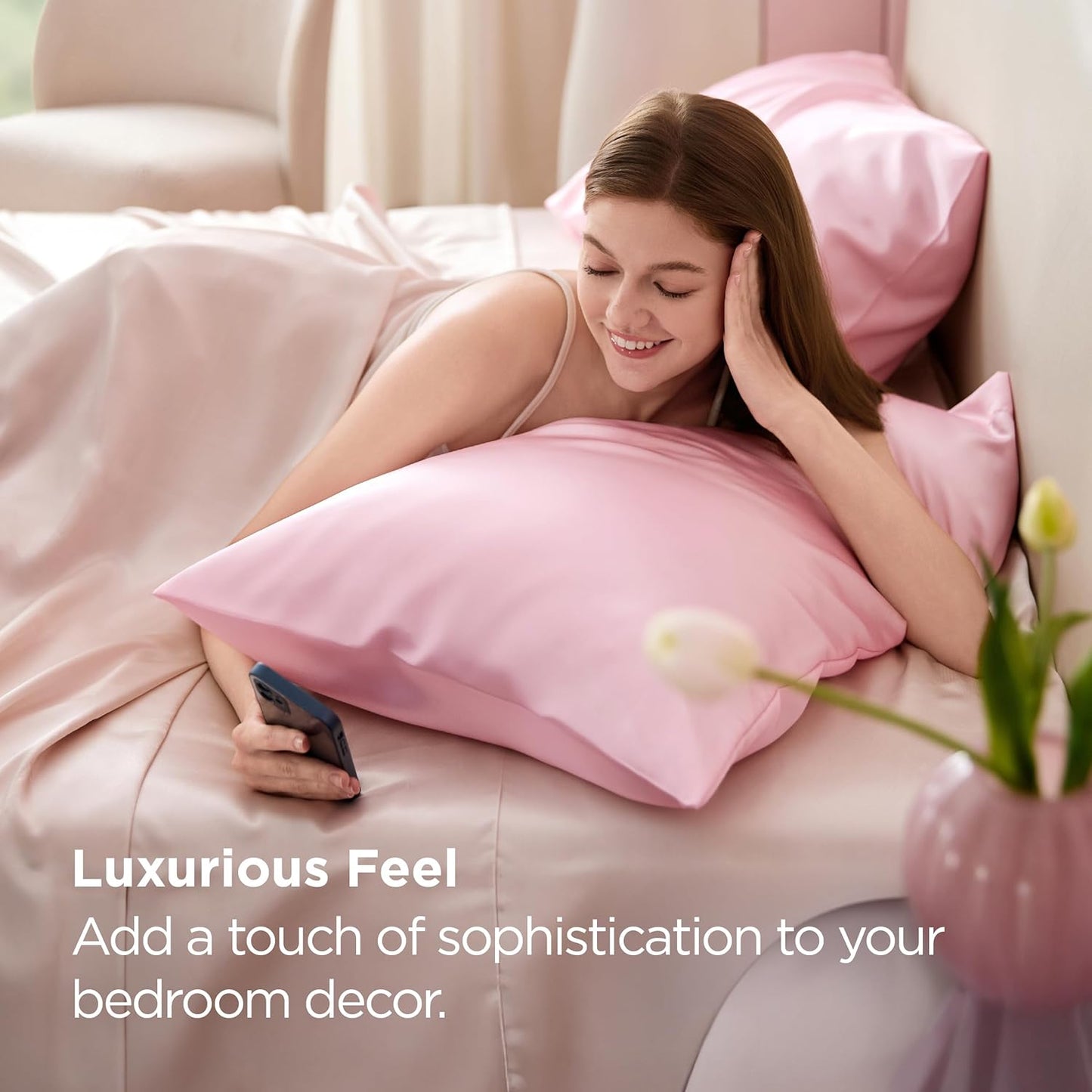 Bedsure Satin Pillowcase 2 Pack Similar to Silk Pillow Cases Standard Size, Pillow Case for Sleeping Women with Envelope Closure, Gifts for Women Men, Pink, 20x26 Inches, 2pcs