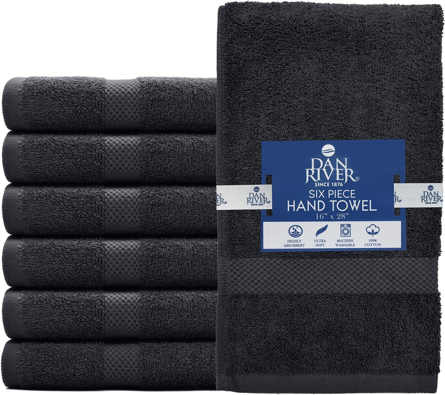 DAN RIVER 6-Pack Premium Hand Towels (16x28 Inches) - 100% Cotton, Ultra Soft, Lightweight, Highly Absorbent Towels for Bathroom, Spa, Gym, Salon, Hotel, and Travel - 550 GSM – Dark Gray