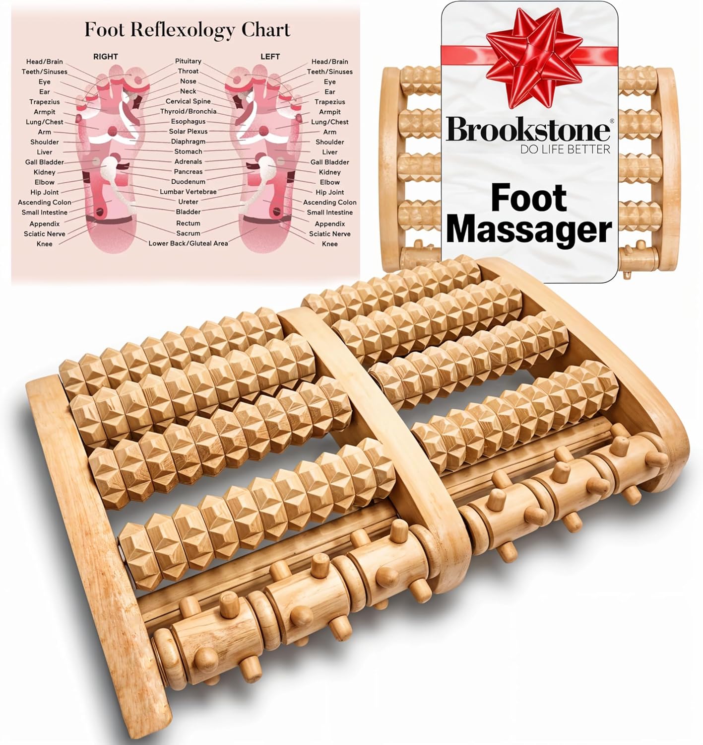 Brookstone Wooden Foot Roller Massager - Deep Tissue Reflexology & Trigger Point Therapy for Plantar Fasciitis, Arch & Heel Pain Relief - Portable Manual Massager, Ideal Gift for Home or Travel