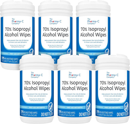 The Pharma-C Company - 70% Isopropyl Alcohol Wipes - Bulk Large Durable IPA Wipes. First-Aid Antiseptic Wound Cleaner with Moisture Lock Lid. (Case of 6 Canisters)