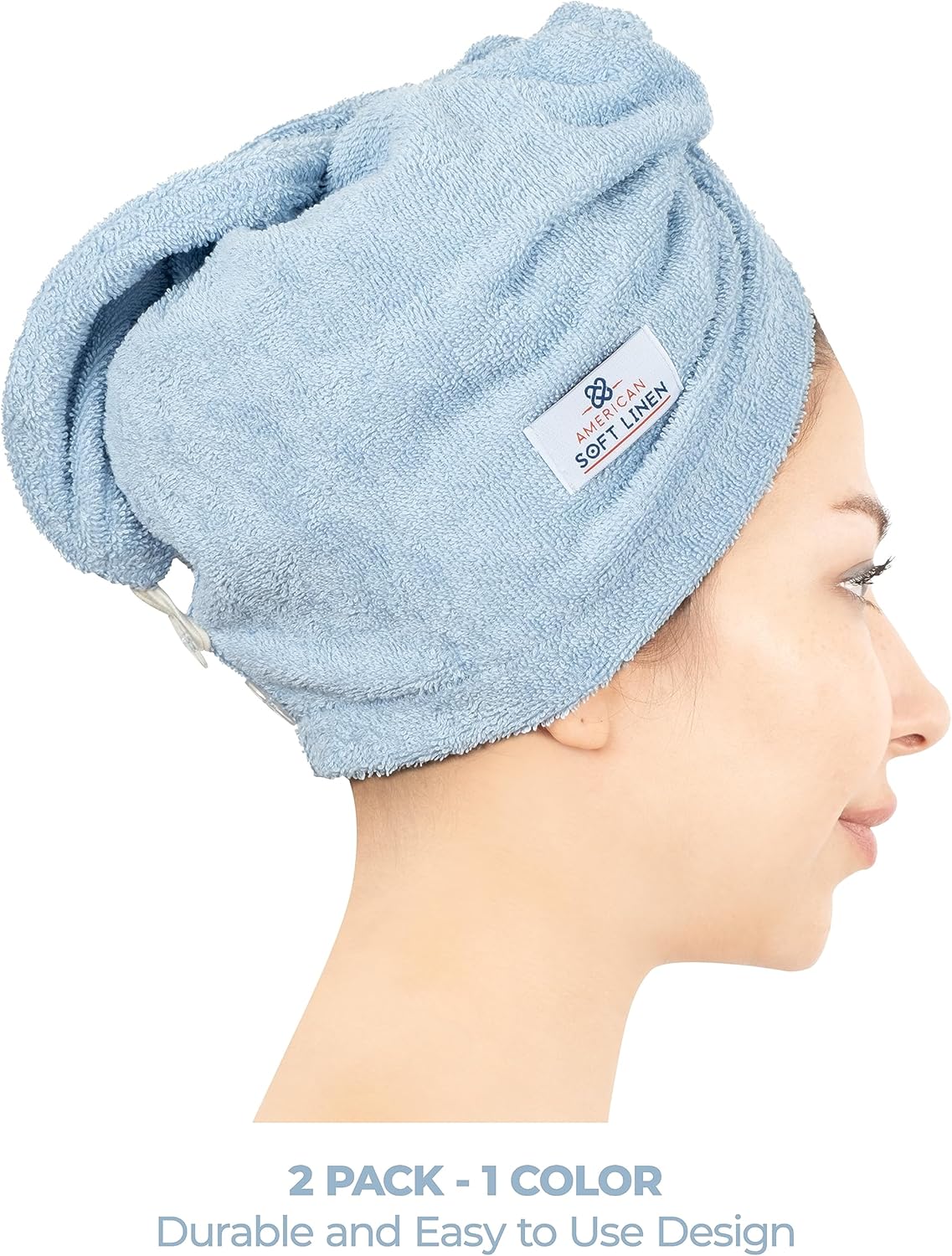 American Soft Linen 100% Cotton Hair Towels for Women, Head Towel Cap, Cotton Hair Turban Towel Wrap for Long Curly Anti Frizz Hair, Soft and Absorbent Cotton Hair Towels 2 Pack, Sky Blue