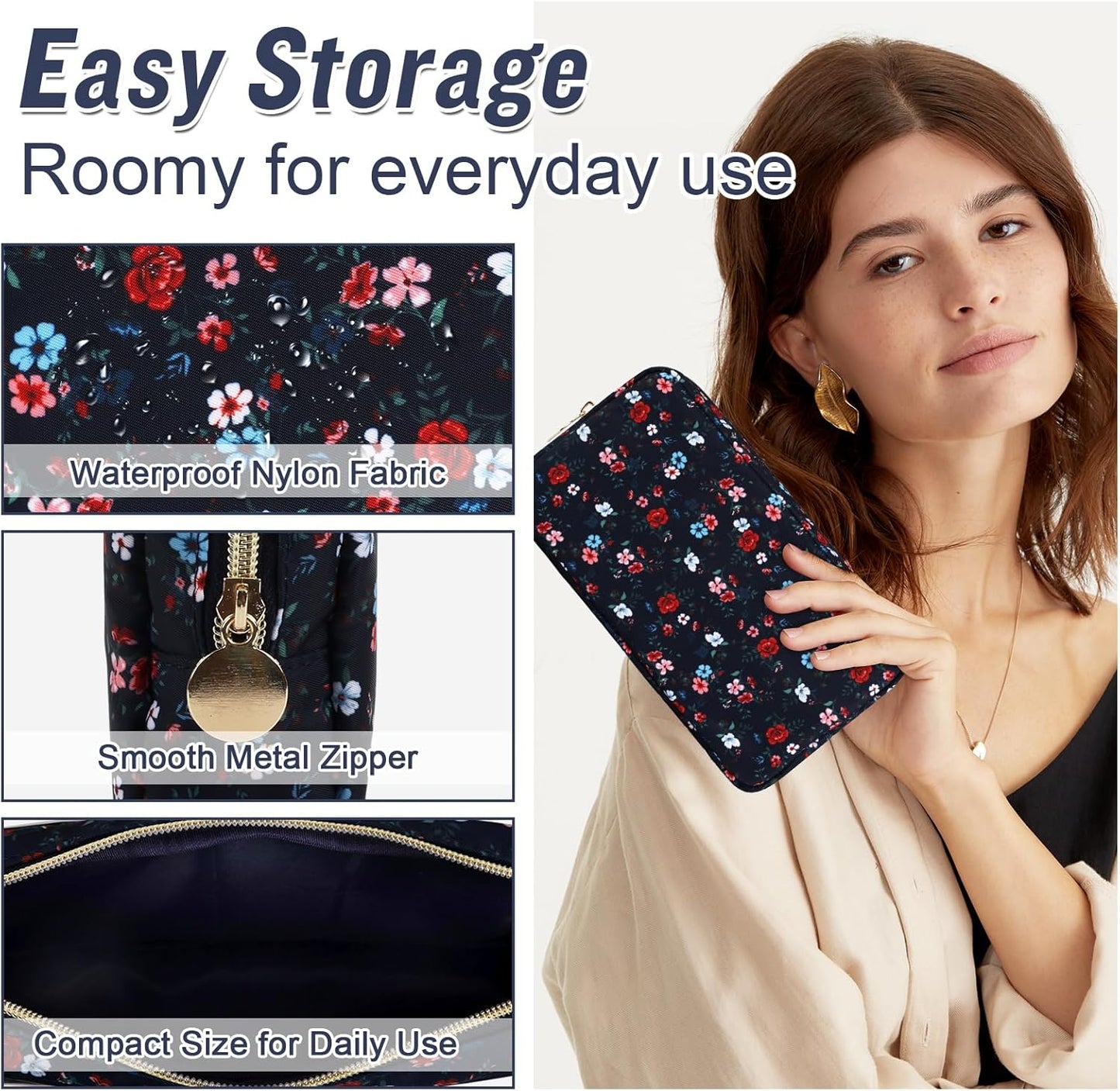 Nylon Small Floral Makeup Bag for Purse, Cute Preppy Makeup Bag Cosmetic Zipper Pouch Purse, Waterproof Portable Travel Set Toiletry Bag Make Up Brush Bag Organizer Storage for Women(Navy Blue-Flower)