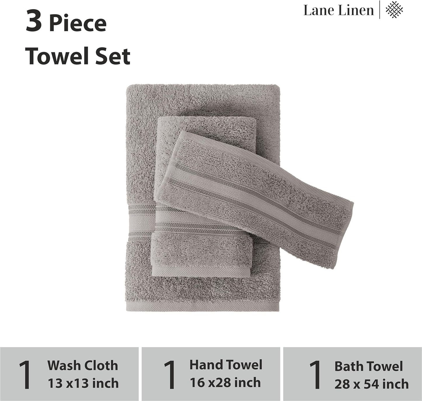 LANE LINEN Luxury Bath Towels Set - 3 Piece 100% Cotton Bathroom Towels, Quick Dry, Extra Aborbent, Super Soft Towels Set 1 Hand Towel, 1 Wash Cloths, 1 Bath Towel, Space Grey