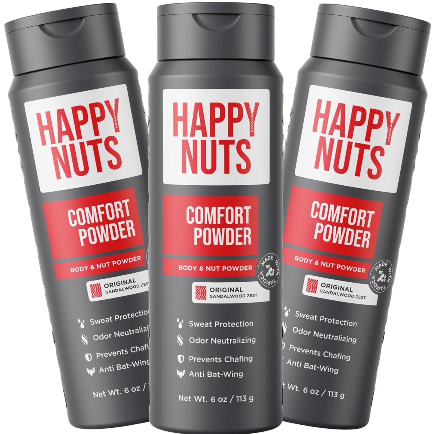 HAPPY NUTS Comfort Powder - Anti Chafing & Deodorant, Aluminum-Free, Sweat and Odor Control for Jock Itch, Groin and Men's Private Parts 6oz (6 Ounce (Pack of 3), Original)