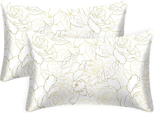 EXQ Home Satin Pillowcase for Hair and Skin Queen - Printed Rose on White Silk Pillowcase 2 Pack 20x30 inches - Satin Pillow Cases Set of 2 with Envelope Closure, Gifts for Women Men
