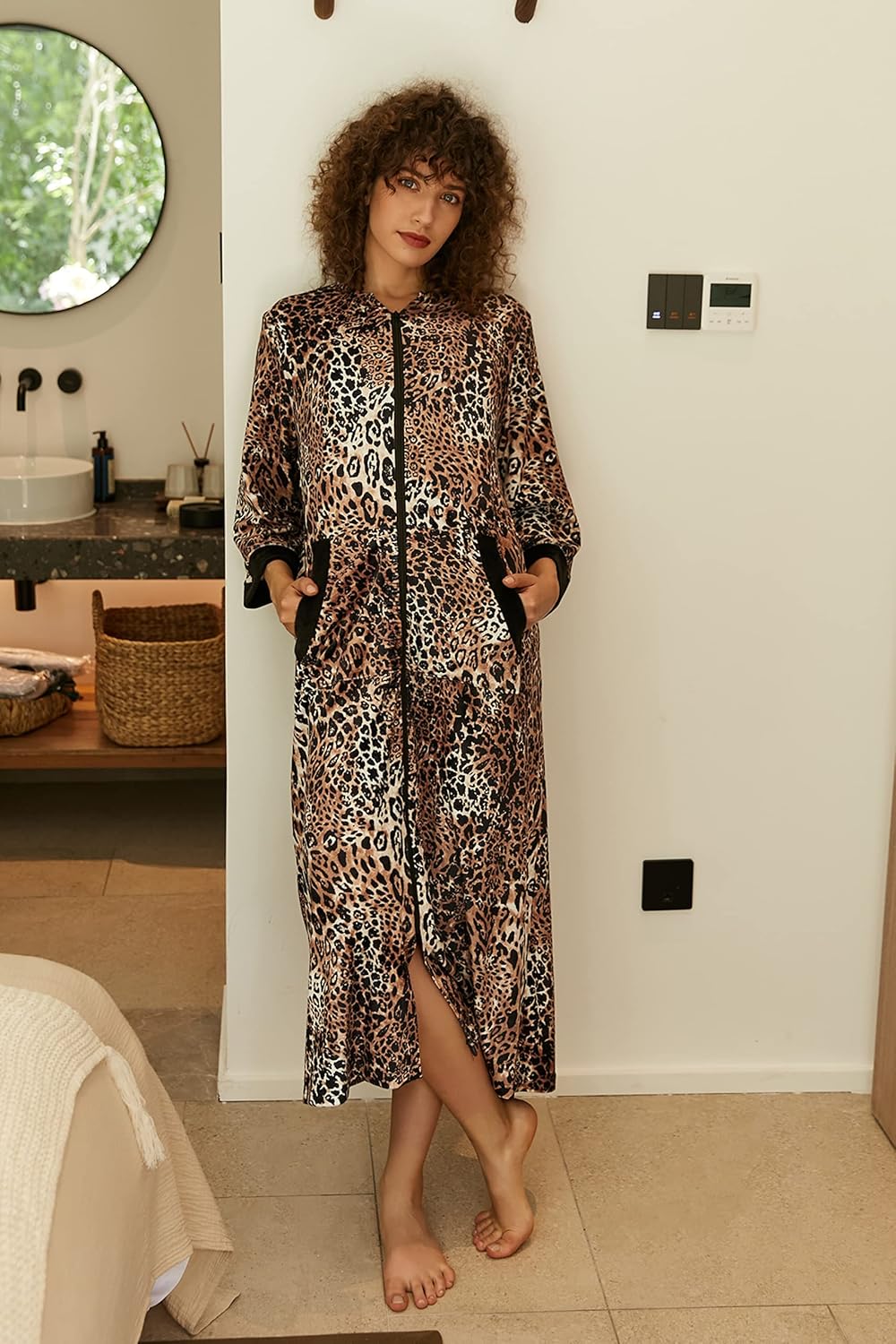 Ekouaer Women Zipper Robe 3/4 Sleeves Loungewear Dress Full Length Sleepwear Pockets Housecoat Nightgown Long Bathrobe