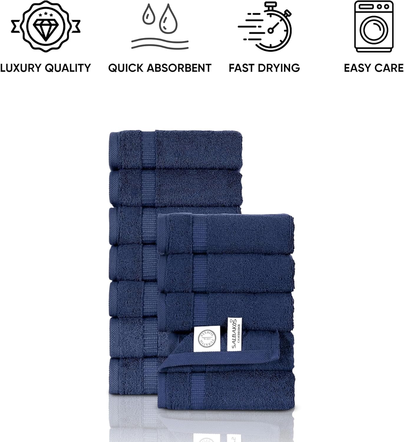 SALBAKOS 100% Turkish Cotton Washcloth Set of 12 13x13 inch | Heirloom Quality | Hotel & Spa Collection | Ultra Soft, Super Absorbent, Washcloth Towels | Made in Turkey (Navy, 12 Washcloths)