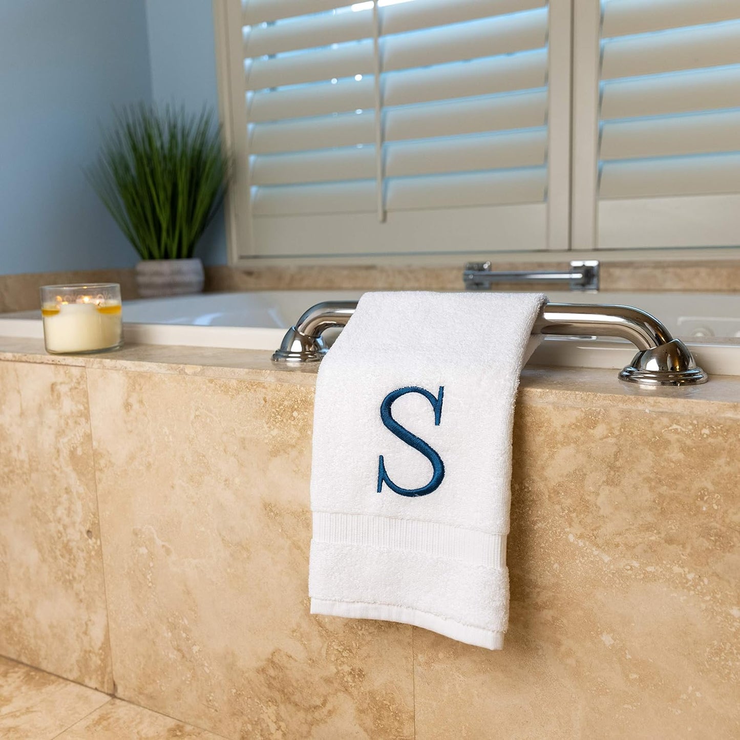 Monogrammed Hand Towels for Bathroom - Luxury Hotel Quality Personalized Initial Decorative Embroidered Bath Towel for Powder Room, Spa - GOTS Organic Certified - Set of 2 Navy Letter S