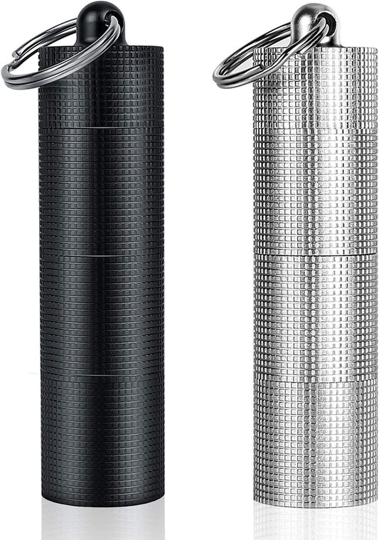 PPFISH 2 PCS Portable Daily Pill Case, 3 Compartments Aluminum Alloy Waterproof Pill Box Dispenser, Small Pocket Pill Container, Keychain Pill Fob, Travel Pill Holder for Men Women